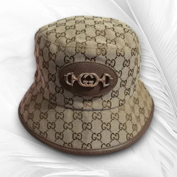 Gucci GG Supreme Monogram Bucket Hat Horsebit Gold Logo Beige Brown Italy - Picture 1 of 6